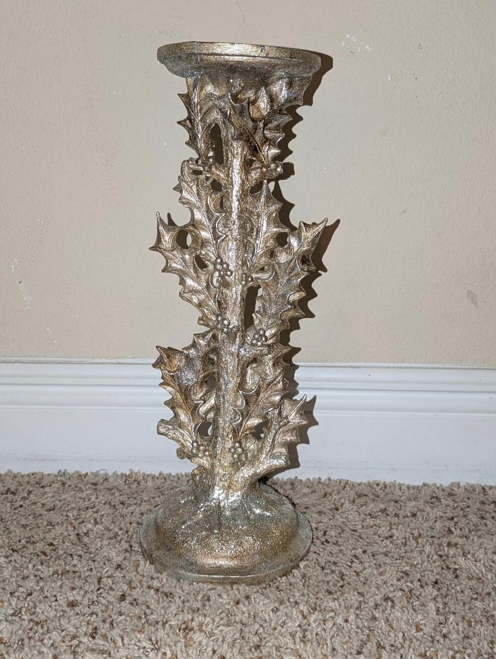 Vintage Gold Leaf Silver Pillar Candle Holder 16" Decorative Christmas Decor